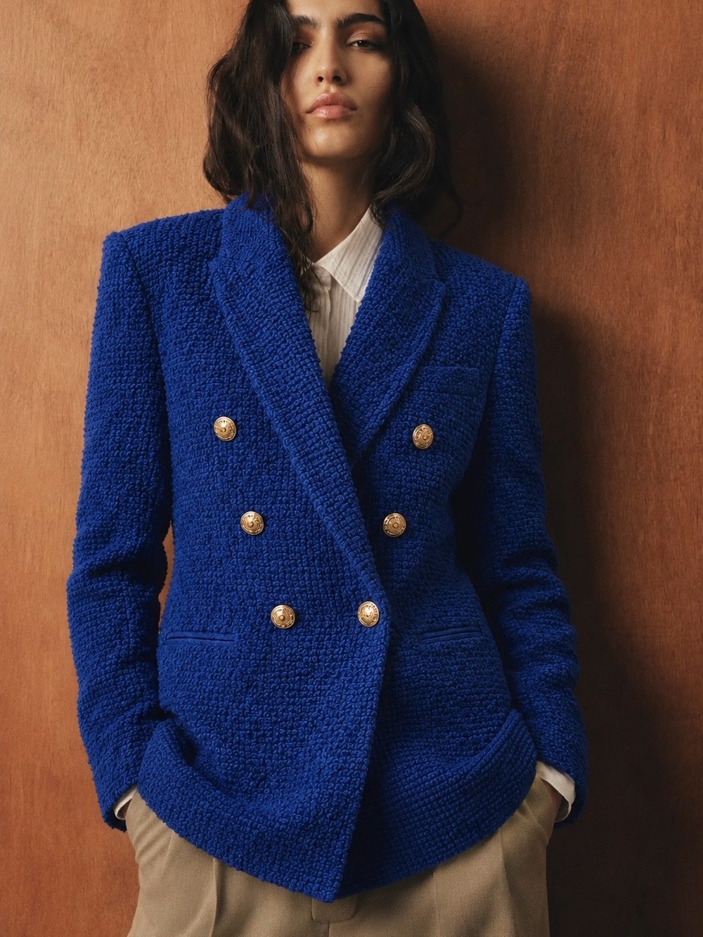 Zara | Chic Royal Blue Double-Breasted Textured Blazer with Gold Buttons ~ XS